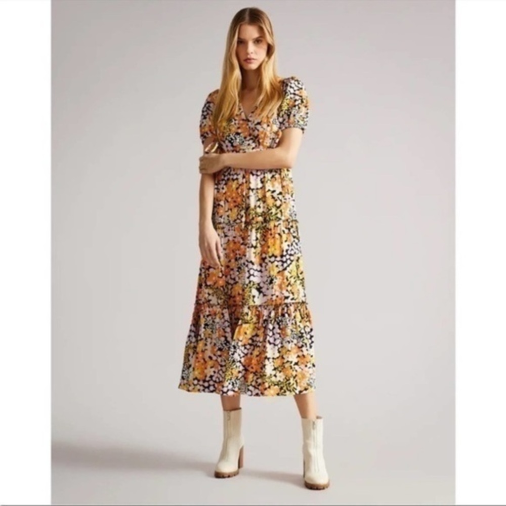 Ted Baker Safiree Printed Tie-Back Tiered Midi Dress